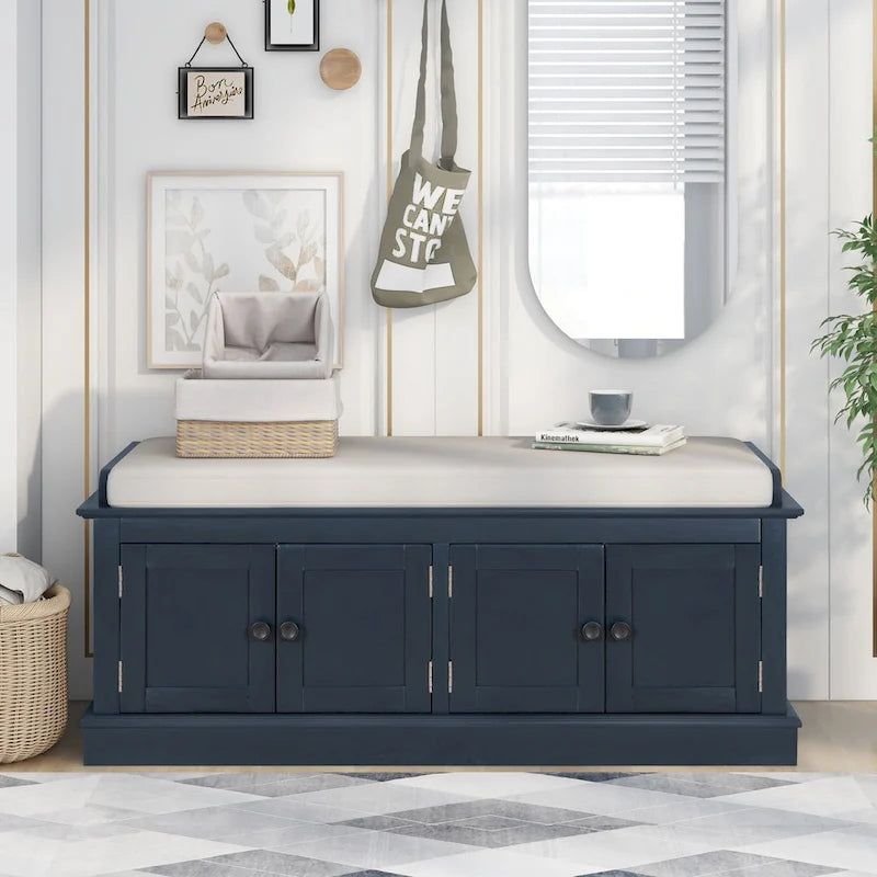 Storage Shoes Bench with 4 Doors and Adjustable Shelves, Removable Cushion