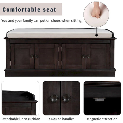 Storage Shoes Bench with 4 Doors and Adjustable Shelves, Removable Cushion