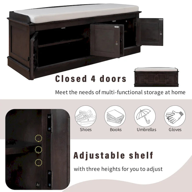 Storage Shoes Bench with 4 Doors and Adjustable Shelves, Removable Cushion