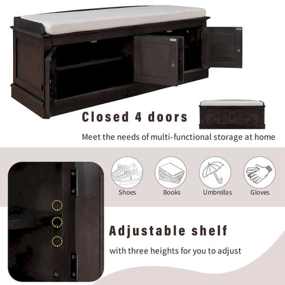 Storage Shoes Bench with 4 Doors and Adjustable Shelves, Removable Cushion