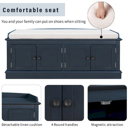 Storage Shoes Bench with 4 Doors and Adjustable Shelves, Removable Cushion