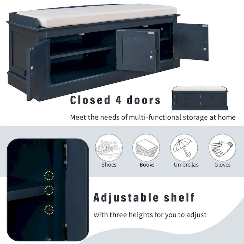 Storage Shoes Bench with 4 Doors and Adjustable Shelves, Removable Cushion