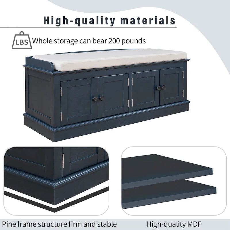 Storage Shoes Bench with 4 Doors and Adjustable Shelves, Removable Cushion