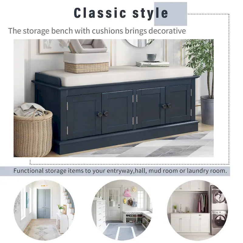Storage Shoes Bench with 4 Doors and Adjustable Shelves, Removable Cushion