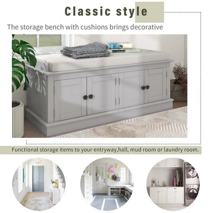 Storage Shoes Bench with 4 Doors and Adjustable Shelves, Removable Cushion