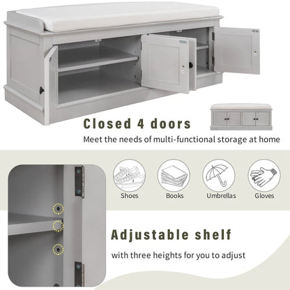 Storage Shoes Bench with 4 Doors and Adjustable Shelves, Removable Cushion