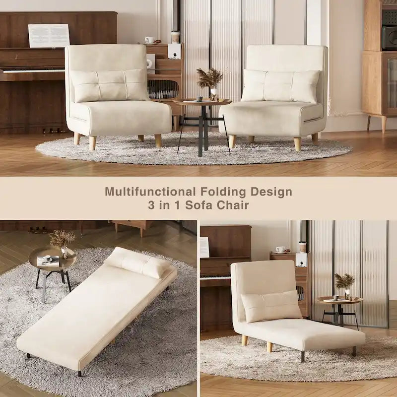 3 in 1 Convertible Upholstered Sofa Bed Sleeper Chair, Chaise Lounge Sofa, Folding Sleeper Chair, Recliner Chair with Pillow