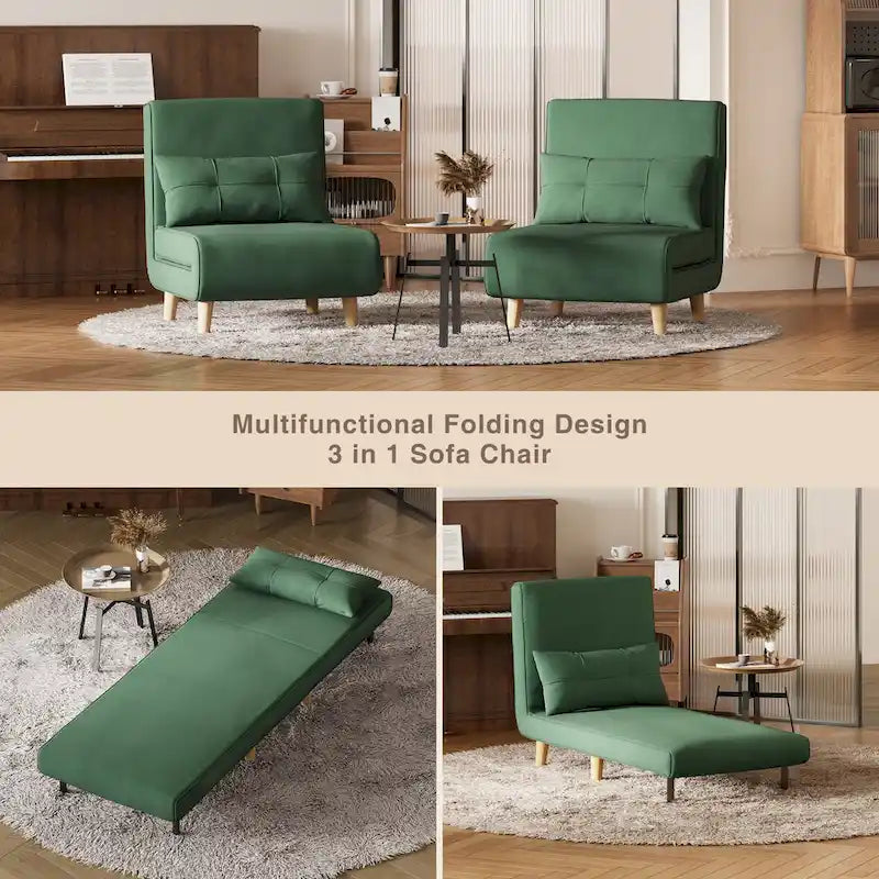 3 in 1 Convertible Upholstered Sofa Bed Sleeper Chair, Chaise Lounge Sofa, Folding Sleeper Chair, Recliner Chair with Pillow