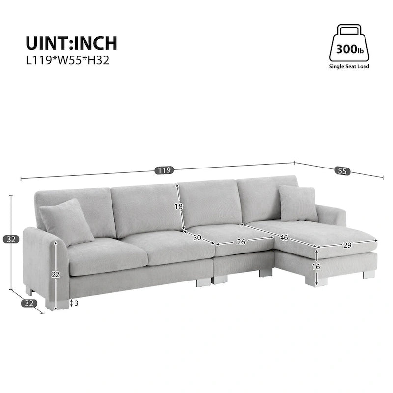 119*55  Oversized Sectional Sofa,L-shaped Luxury Couch Set with 2 Free pillows,5-seat Chenille Indoor Furniture with Chaise