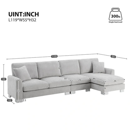 119*55  Oversized Sectional Sofa,L-shaped Luxury Couch Set with 2 Free pillows,5-seat Chenille Indoor Furniture with Chaise
