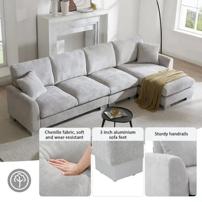 119*55  Oversized Sectional Sofa,L-shaped Luxury Couch Set with 2 Free pillows,5-seat Chenille Indoor Furniture with Chaise