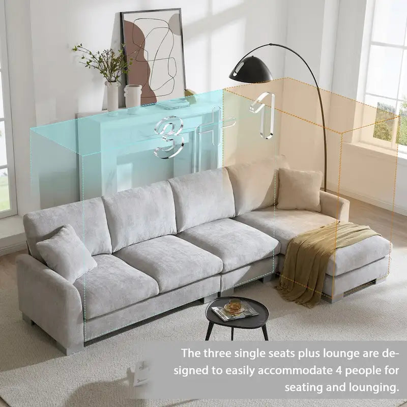 119*55  Oversized Sectional Sofa,L-shaped Luxury Couch Set with 2 Free pillows,5-seat Chenille Indoor Furniture with Chaise