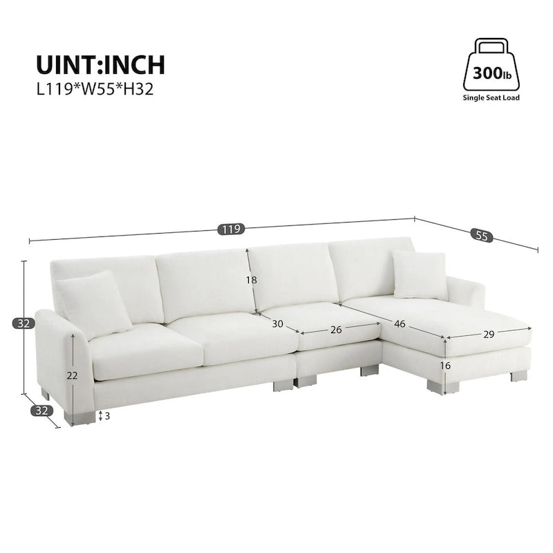 119*55  Oversized Sectional Sofa,L-shaped Luxury Couch Set with 2 Free pillows,5-seat Chenille Indoor Furniture with Chaise
