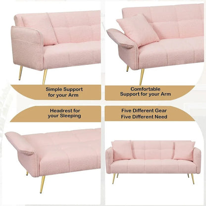 Futon Sofa Bed, Teddy Velvet Foldable Couch Convertible Loveseat Sleeper Daybed with Adjustable Armrests for Small Space