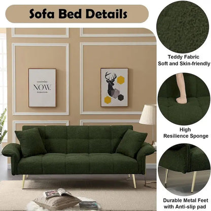 Futon Sofa Bed, Teddy Velvet Foldable Couch Convertible Loveseat Sleeper Daybed with Adjustable Armrests for Small Space