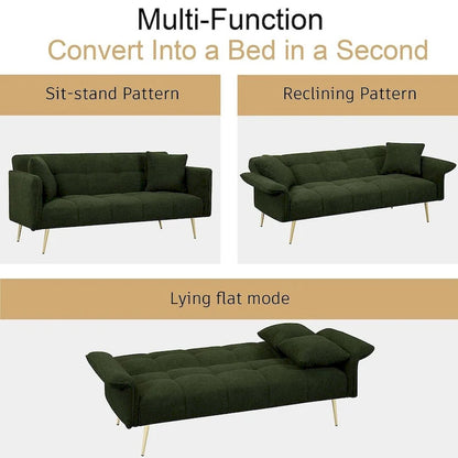 Futon Sofa Bed, Teddy Velvet Foldable Couch Convertible Loveseat Sleeper Daybed with Adjustable Armrests for Small Space