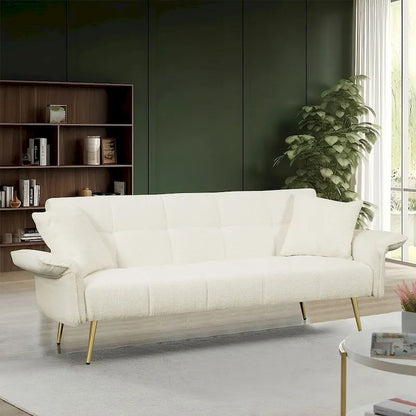 Futon Sofa Bed, Teddy Velvet Foldable Couch Convertible Loveseat Sleeper Daybed with Adjustable Armrests for Small Space