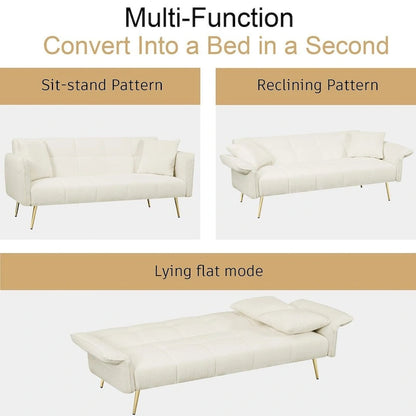 Futon Sofa Bed, Teddy Velvet Foldable Couch Convertible Loveseat Sleeper Daybed with Adjustable Armrests for Small Space