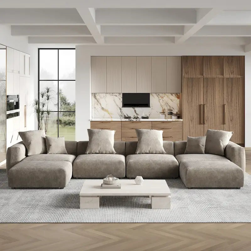 Large U-Shape Linen Reversible Modular Seating Component Sectional with 2 Ottoman