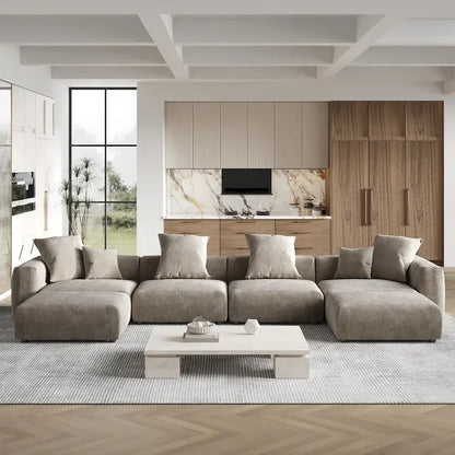 Large U-Shape Linen Reversible Modular Seating Component Sectional with 2 Ottoman