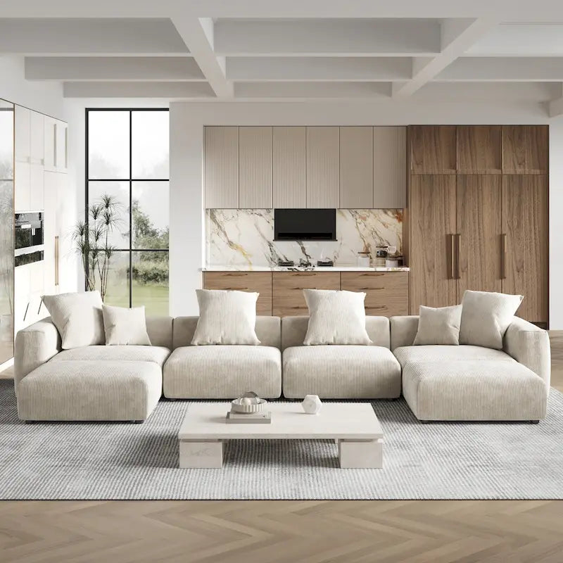 Large U-Shape Linen Reversible Modular Seating Component Sectional with 2 Ottoman