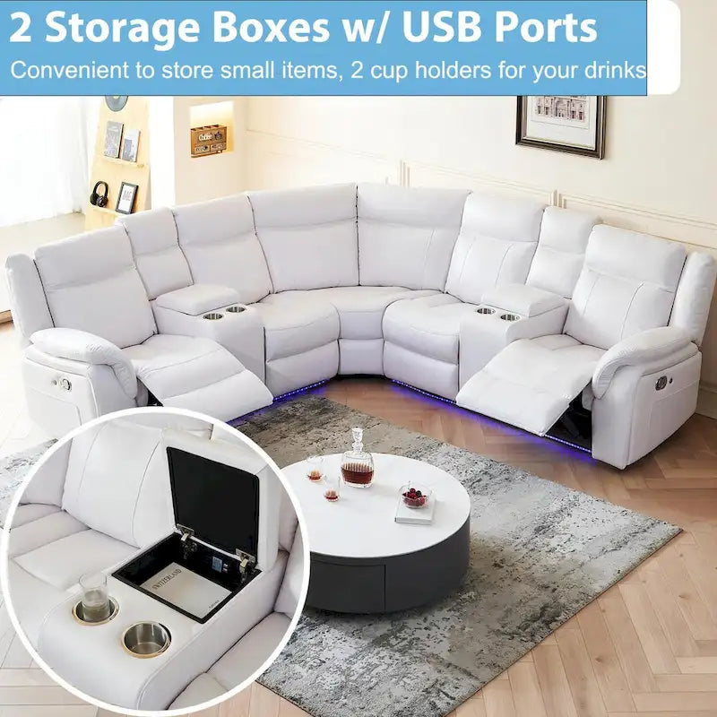 Power Reclining Sectional Sofa Couch with LED Light Recliner Faux Leather L-Shaped Cup Holder,USB Port for Living Room Black