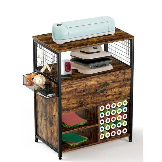 Storage Cabinet with Cricut Machines, Crafting Cabinet with Drawer & 25 Vinyl Roll Holder, Craft Table Desk Workstation for Room