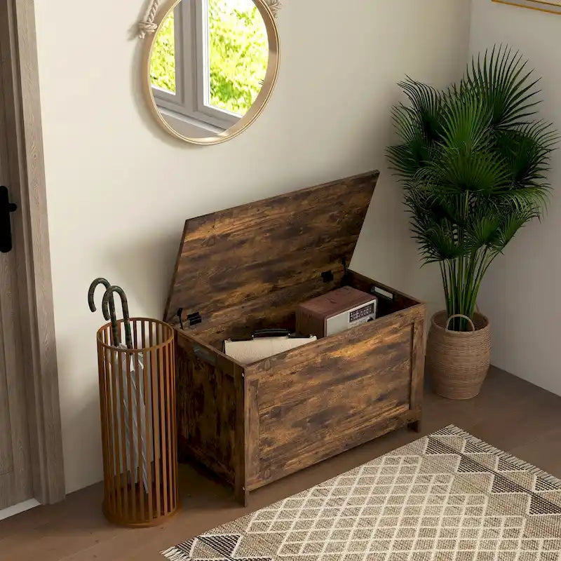 HOMCOM Storage Chest, Wooden Box with 2 Safety Hinges and Cut-out Handles, Modern Storage Trunk for Living Room, Entryway
