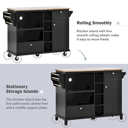 50.80 W Versatile Solid Wood Countertop Kitchen Island with Storage and Two Locking Wheels
