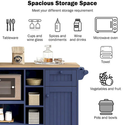 50.80 W Versatile Solid Wood Countertop Kitchen Island with Storage and Two Locking Wheels