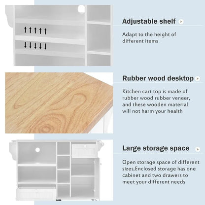 50.80 W Versatile Solid Wood Countertop Kitchen Island with Storage and Two Locking Wheels