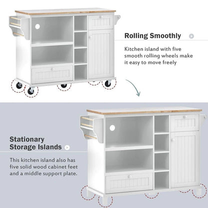 50.80 W Versatile Solid Wood Countertop Kitchen Island with Storage and Two Locking Wheels
