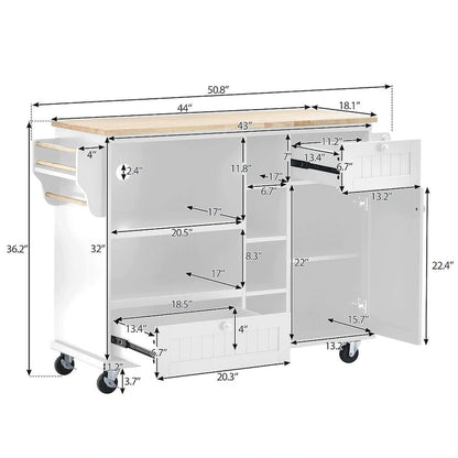 50.80 W Versatile Solid Wood Countertop Kitchen Island with Storage and Two Locking Wheels