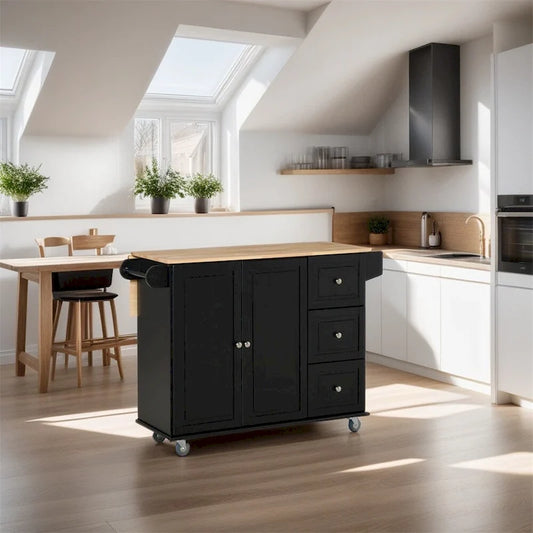 Mobile Wood Kitchen Island with Drawers and Towel Rack - N/A