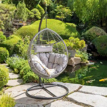 Outdoor Garden Rattan Egg Swing Chair Hanging Chair with Fabric Cushion,NO STAND BASKET ONLY