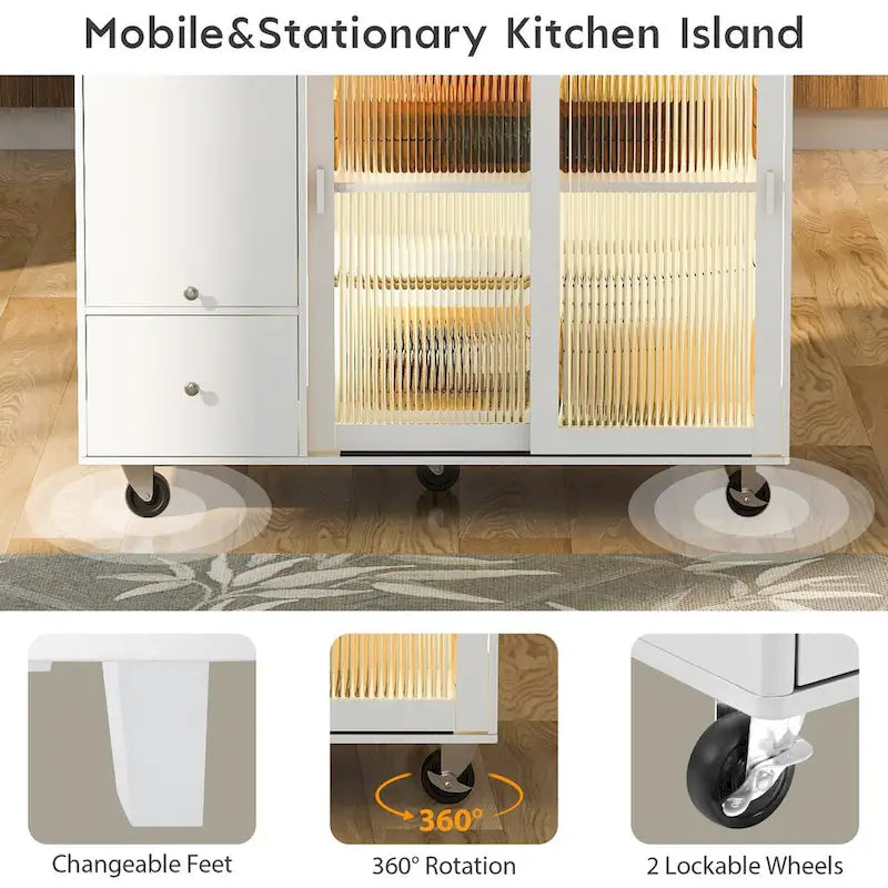 Rubberwood Kitchen Cart with Drop Leaf, Internal Storage Rack, Flip Cabinet Door, and 2 Drawers