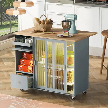 Rubberwood Kitchen Cart with Drop Leaf, Internal Storage Rack, Flip Cabinet Door, and 2 Drawers