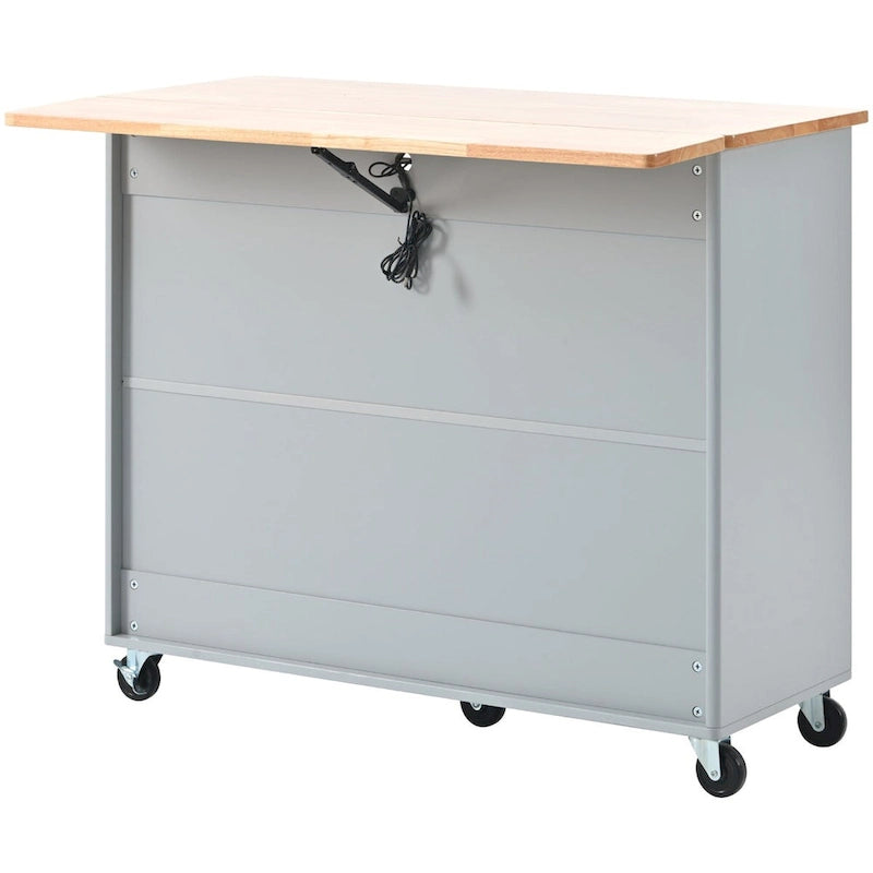Rubberwood Kitchen Cart with Drop Leaf, Internal Storage Rack, Flip Cabinet Door, and 2 Drawers