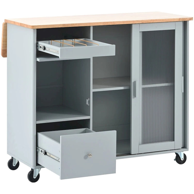 Rubberwood Kitchen Cart with Drop Leaf, Internal Storage Rack, Flip Cabinet Door, and 2 Drawers