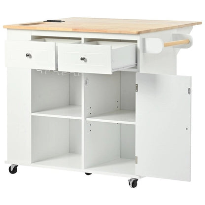 Drop Leaf Rubber Wood Kitchen Island with Power Outlet,Wine Rack