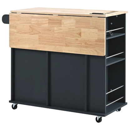 Drop Leaf Rubber Wood Kitchen Island with Power Outlet,Wine Rack