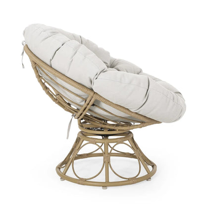 Brown Wicker Swivel Papasan Chair with Tufted Fabric Cushion