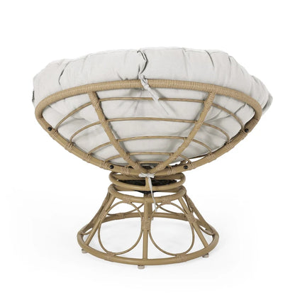 Brown Wicker Swivel Papasan Chair with Tufted Fabric Cushion