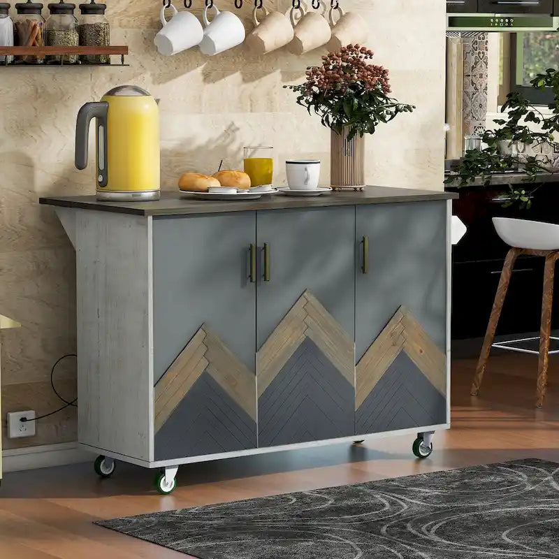 51.6 in. W Farmhouse Kitchen Island with Drop Leaf, Internal Storage Rack and Three Doors