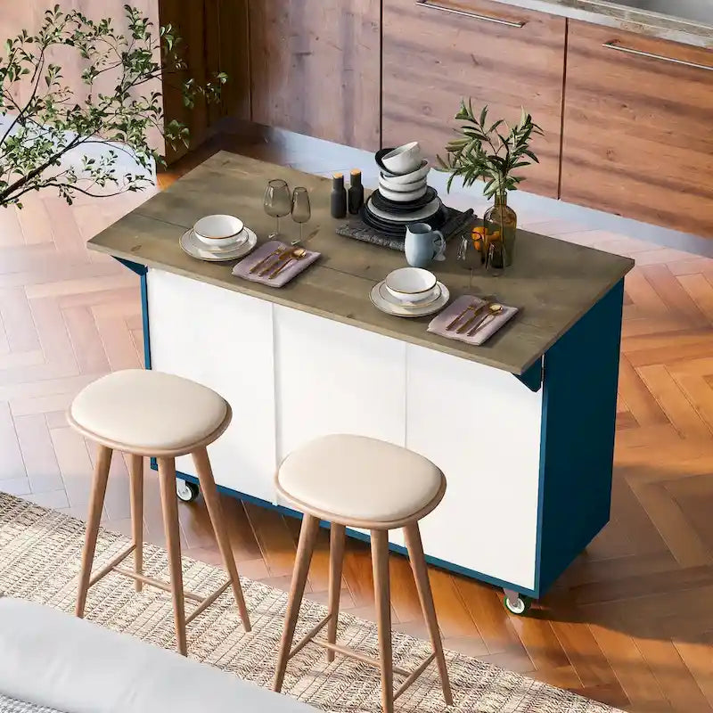 51.6 in. W Farmhouse Kitchen Island with Drop Leaf, Internal Storage Rack and Three Doors