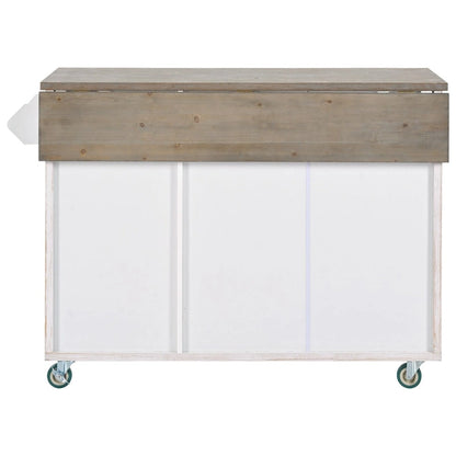 51.6 in. W Farmhouse Kitchen Island with Drop Leaf, Internal Storage Rack and Three Doors