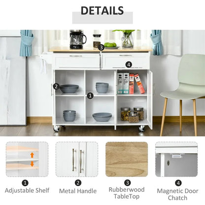 Mobile Wood Kitchen Island with Storage and Adjustable Shelves - N/A