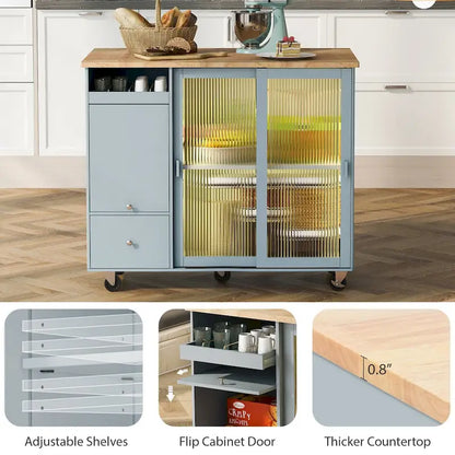 Kitchen Island Cart with Drop-Leaf Surface, LED Lighting, Fluted Glass Doors, Adjustable Shelf, and Two Drawers