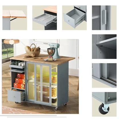 Kitchen Island Cart with Drop-Leaf Surface, LED Lighting, Fluted Glass Doors, Adjustable Shelf, and Two Drawers