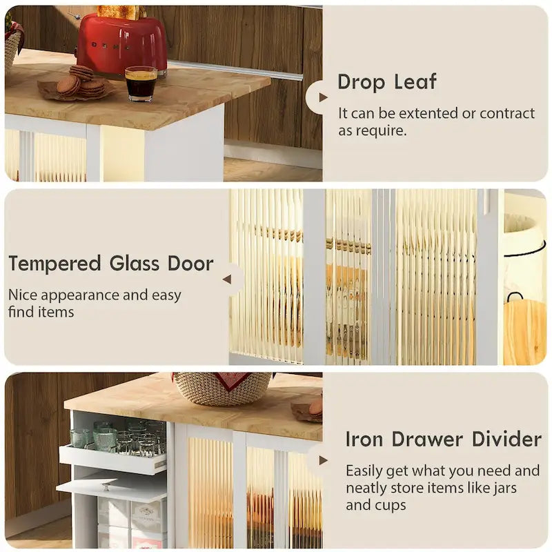 Kitchen Island Cart with Drop-Leaf Surface, LED Lighting, Fluted Glass Doors, Adjustable Shelf, and Two Drawers